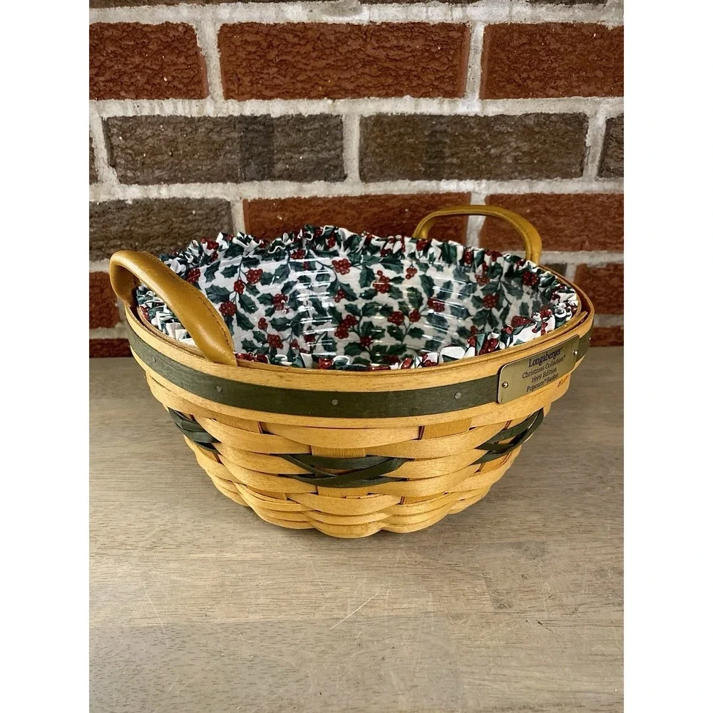 1999‎ Popcorn ~ Longaberger Green Basket w/ Leather Handles ~ Liner & Protector